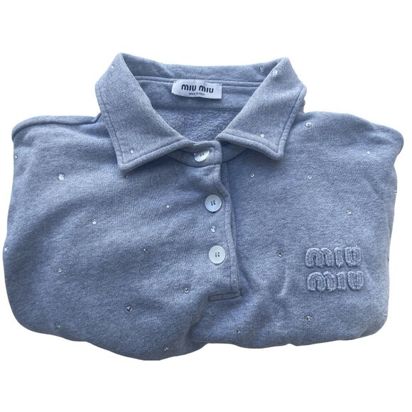 Miu Miu Gray Embellished Cropped Polo Sweatshirt W/ Button Front - Picture 4 of 11